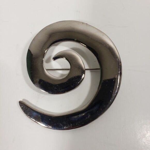 Vintage Y2K Large Swirl Spiral Brooch Pin Signed M Jent Polished Silver Tone - Picture 1 of 8